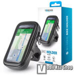 Forever univerzális biciklis, kerékpáros tartó konzol mobiltelefon készülékekhez, Cseppálló védő tokos kialakítás, Cipzár, Kormányra rögzíthető, 360°-ban forgatható, max 185 x 110 x 15mm készülékekhez, Fekete