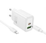 hoco. N63 hálózati töltőadapter, töltőfej 30W, 3A, 1 x USB-A, 1 x USB-C + Lightning adatkábel, töltőkábel, fehér