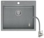 Quadron MORGAN 110 silver stone gránit mosogatótálca + SAP4-F090GY rozsdamentes acél csaptelep szürke flexibilis kifolyócsővel (1357_1350)