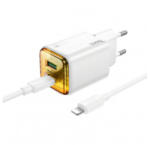 hoco. N52 hálózati töltőfej, töltőadapter, fehér (1 x USB-A, 1 x USB-C, + Lightning adatkábel, töltőkábel 20W, 3A)