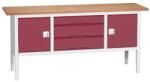 bott Verso műhelyasztal, állítható magasságú, 83-93 x 200 x 60 cm, multiplex, 3 fiók, 2 szekrény, szürke-piros