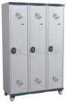 Acial hegesztett öltözőszekrény válaszfallal, 3 rekeszes, 400 mm, lábakon, hengerzárral, szürke/szürke