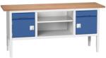 bott Verso műhelyasztal, állítható magasságú, 83-93 x 200 x 60 cm, multiplex, 2 fiók, 1 polc, 2 szekrény, szürke-kék