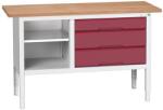 bott Verso műhelyasztal, állítható magasságú, 83-93 x 150 x 60 cm, multiplex, 3 fiók, 1 polc, szürke-piros - manutan - 649 910 Ft