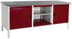 bott Cubio Tároló műhelyasztal, 84 x 200 x 75 cm, 2 szekrény, nyitott tér polccal, linóleum, szürke-piros