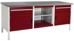bott Cubio Tároló műhelyasztal, 84 x 200 x 75 cm, 2 szekrény, 2 fiók, nyitott tér polccal, linóleum, szürke-piros