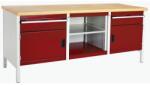 bott Cubio Tároló műhelyasztal, 84 x 200 x 75 cm, 2 szekrény, 2 fiók, nyitott tér polccal, multiplex, szürke-piros