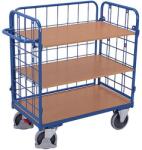 Variofit Polcos kocsi fogantyúval és hálós oldalakkal, 500 kg-ig, 3 polc, 122 x 119 x 62, 5 cm, kék
