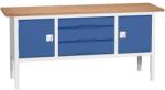 bott Verso műhelyasztal, állítható magasságú, 83-93 x 200 x 60 cm, multiplex, 3 fiók, 2 szekrény, szürke-kék