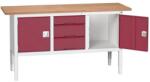 bott Verso műhelyasztal, állítható magasságú, 83-93 x 175 x 60 cm, multiplex, 3 fiók, 2 szekrény, szürke-piros