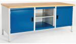 bott Cubio Tároló műhelyasztal, 84 x 200 x 75 cm, 2 szekrény, nyitott tér polccal, linóleum, szürke-kék
