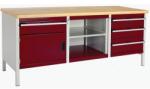 bott Műhelyasztal Bott Cubio Tároló, 84 x 200 x 75 cm, 1 szekrény, 4 fiók, nyitott tér polccal, multiplex, szürke-piros