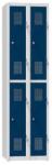 Polak 4 rekeszes fém szekrény lábazaton, felezett, 800 x 500 x 1850 mm, szürke-sötétkék