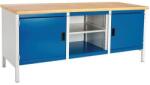 bott Cubio Tároló műhelyasztal, 84 x 200 x 75 cm, 2 szekrény, nyitott tér polccal, multiplex, szürke-kék
