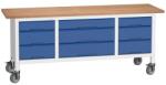 bott Mobil műhelyasztal Bott Verso Storage, 200 x 60 x 83 cm, multiplex, 9 fiókos, szürke-kék