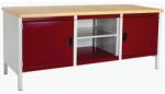 bott Cubio Tároló műhelyasztal, 84 x 200 x 75 cm, 2 szekrény, nyitott tér polccal, multiplex, szürke-piros