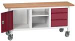 bott Mobil műhelyasztal Bott Verso Storage, 175 x 60 x 83 cm, multiplex, 3 fiók, 1 polc, 1 szekrény, szürke-piros