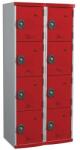 Acial hegesztett öltözőszekrény, 2 oszlopban 8 rekesszel, 400 mm, hengerzárral, szürke/piros