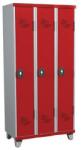 Acial hegesztett öltözőszekrény, 3 rekeszes, 300 mm, lábakon, forgóretesszel, szürke/piros