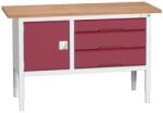 bott Verso műhelyasztal, állítható magasságú, 83-93 x 150 x 60 cm, multiplex, 3 fiók, 1 szekrény, szürke-piros