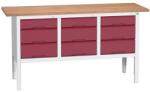 bott Verso műhelyasztal, állítható magasságú, 83-93 x 175 x 60 cm, multiplex, 9 fiókos, szürke-piros
