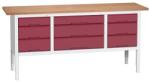 bott Verso műhelyasztal, állítható magasságú, 83-93 x 200 x 60 cm, multiplex, 9 fiókos, szürke-piros
