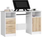 AKORD Furniture Factory Modern Fehér/Sonoma Tölgy Íróasztal 124cm 3 Fiókos és Ajtós, Laminált, Mat Felület, Összeszerelve 74cm Magas, Kiléphető Billentyűzettartóval, 5 Polcos Tárolóval