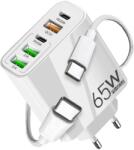 Planet Tech Комплект зарядно устройство и кабел, 65W бързо зареждане, 5 порта, 3 x USB, 2 x Type-C, универсално съвместимо iPhone, Huawei, Samsung, Xiaomi, Бяло (TRG-156 Cable)