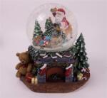  Hógömb kandalló, mikulással, fenyőkkel ledes, zenélő, poly 23x23cm (431346)