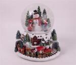  Hógömb hóember gyerekkel, ledes, zenélő, mozgó vasúttal, poly 23cm piros, zöld, dioráma (045932)