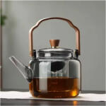 Jovy Ceainic 1200 ml din sticla borosilicata su infuzor si maner lemn, Fumuriu