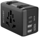 BlitzWolf BW-TA1 utazó töltő 2 USB+2 Type-C aljzat (20W, GaN, PD gyorstöltés, EU, UK, US, AU) FEKETE (BW-TA1)