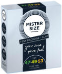 MISTER SIZE Óvszer, Mister Size, 47/49/53 mm méretpróba csomag, 3 db, átlátszó, ultravékony (0, 05 mm), sima, síkosított, spermatartályos, természetes latex