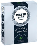 MISTER SIZE Óvszer, Mister Size, 47 mm, 3 db, átlátszó, ultravékony (0, 05 mm), síkosított, spermatartályos, természetes latex, karcsú szabás, keskeny péniszhez