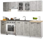 AKORD Oliwia 2.4m Konyhabútor Szett Beton Színben Üvegvitrines Szekrénnyel (AKO-SKZOLIDWITBET)