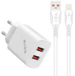 S-Link Hálózati töltő - SL-EC50L (2db USB, 5V/3A, 12W, Gyorstöltés, Lightning, 100cm adat+töltőkábel, fehér) (35311) (35311) - aqua