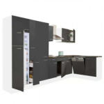 Leziter Yorki 370 sarok konyhablokk fehér korpusz, selyemfényű antracit fronttal polcos szekrénnyel és felülfagyasztós hűtős szekrénnyel (LS370FHAN-PSZ-FF)