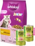 Whiskas WHISKAS Száraz cicatáp Junior csirkével 14kg + WILD FARM Premium Grain Free Chicken and Salmon Junior 2x400g