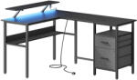 VASAGLE Sarok íróasztal, monitorállvánnyal, elosztóval, fiókokkal, fekete 150x120x89cm (LWD095B01)