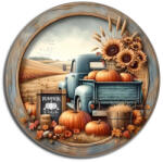  Nyomtatott fa tábla koszorú közép - Őszi táj kék teherautóval 11, 8cm - papelito