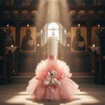 Ie Traditionala Lumanare de botez roz cu ursulet de plus si tulle fin