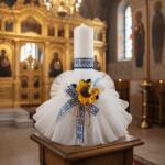 Ie Traditionala Lumanare de botez traditionala cu floarea-soarelui si brau albastru