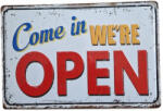 Ezone Vintage Dekor Fémtábla, dombornyomott, 'Come in we are open' felirat, retro hangulatú kialakítás, 20x30cm