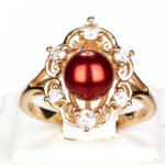  Aranyozott Ezüst Gyűrű Vörös Édesvízi Gyönggyel és Fehér Topázzal
