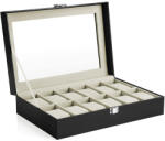 SONGMICS 12 Rekeszes Óratartó Doboz Üvegfedéllel Fekete Műbőr Kivitelben (EUZ-JWB12BE)