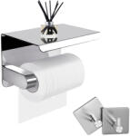  Fali toalettpapír tartó, felső polccal és 2 db akasztó kampóval - Ezüst (toalettpaper_M_silver)