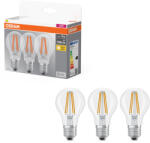 OSRAM E27 LED 7, 5W, 1055 lm, 2700 K, melegfehér, áttetsző üveg-75 W normál izzó helyett, 3 darabos - Base Classic A filament (4058075592414)