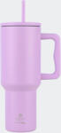 Estia Home Art Straw Tumbler XL Save the Aegean Reciclabil Pahar cu mâner Termos Oțel inoxidabil Fără BPA 1.2lt Lavender Purple cu Pai și Mâner 01-32227 (01-32227)