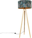 QAZQA Modern állólámpa fa, szövet árnyékoló fekete páva mintával 50 cm - Tripod Classic (104360)