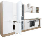 Leziter Yorki 370 konyhabútor sonoma tölgy korpusz, selyemfényű fehér front alsó sütős elemmel polcos szekrénnyel és alulfagyasztós hűtős szekrénnyel (L370STFH-SUT-PSZ-AF) - leziteronline